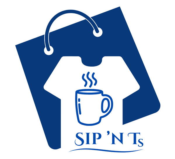 A blue and white graphic logo featuring a shopping bag silhouette with a white t-shirt cutout, a blue coffee mug with steam lines, and the text 'SIP'NTS' below on a white background.